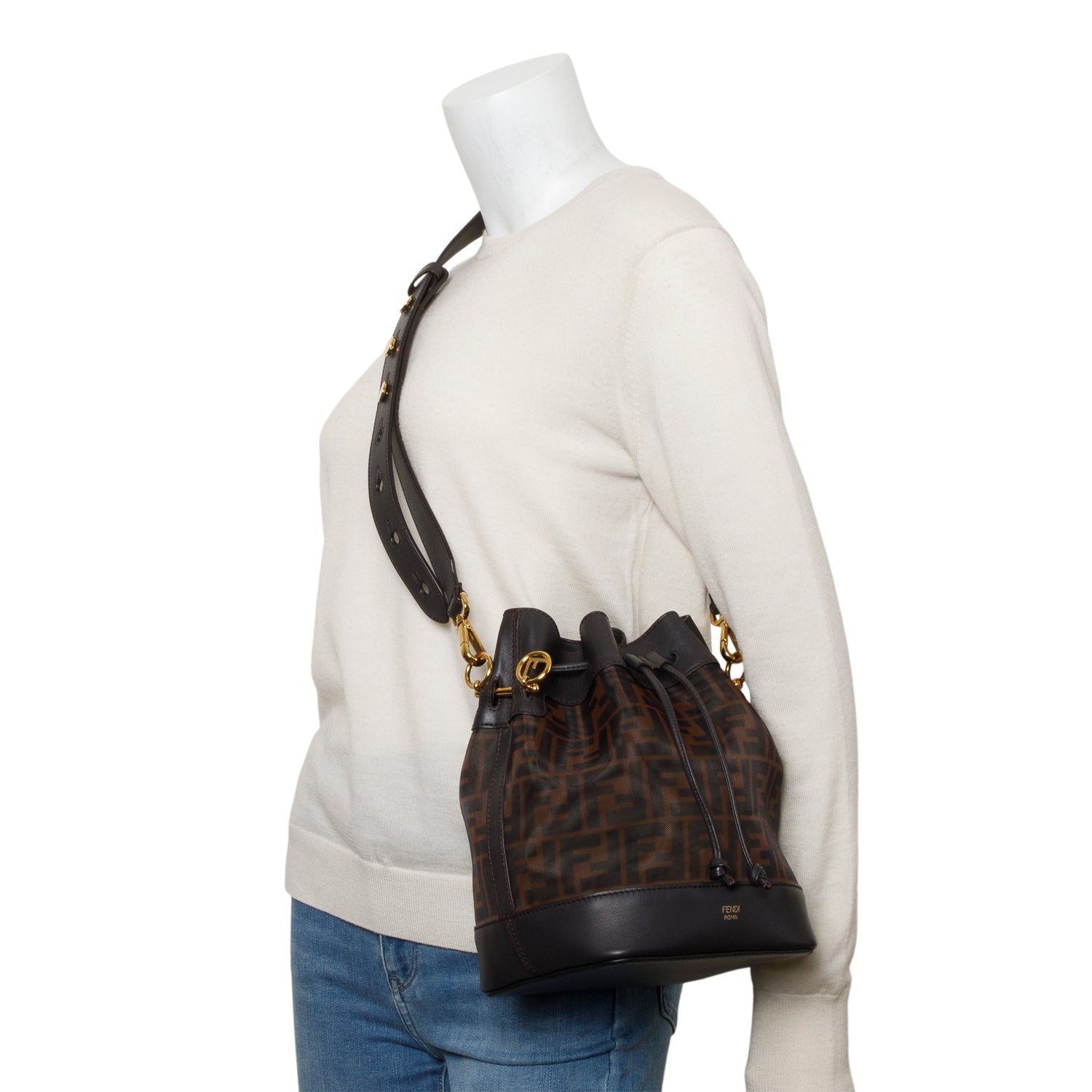 Fendi Brown Zucca FF Mesh Calfskin Leather Small Mon Tresor Bucket Bag