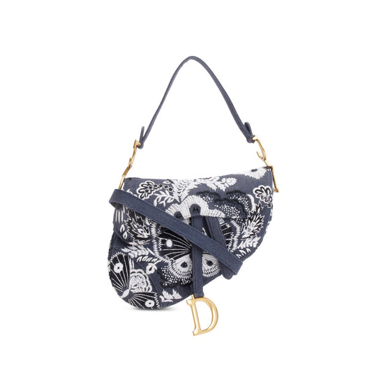 Christian Dior 2023 Blue Denim Embroidered Strass Beaded Butterfly & Flowers Medium Saddle Bag