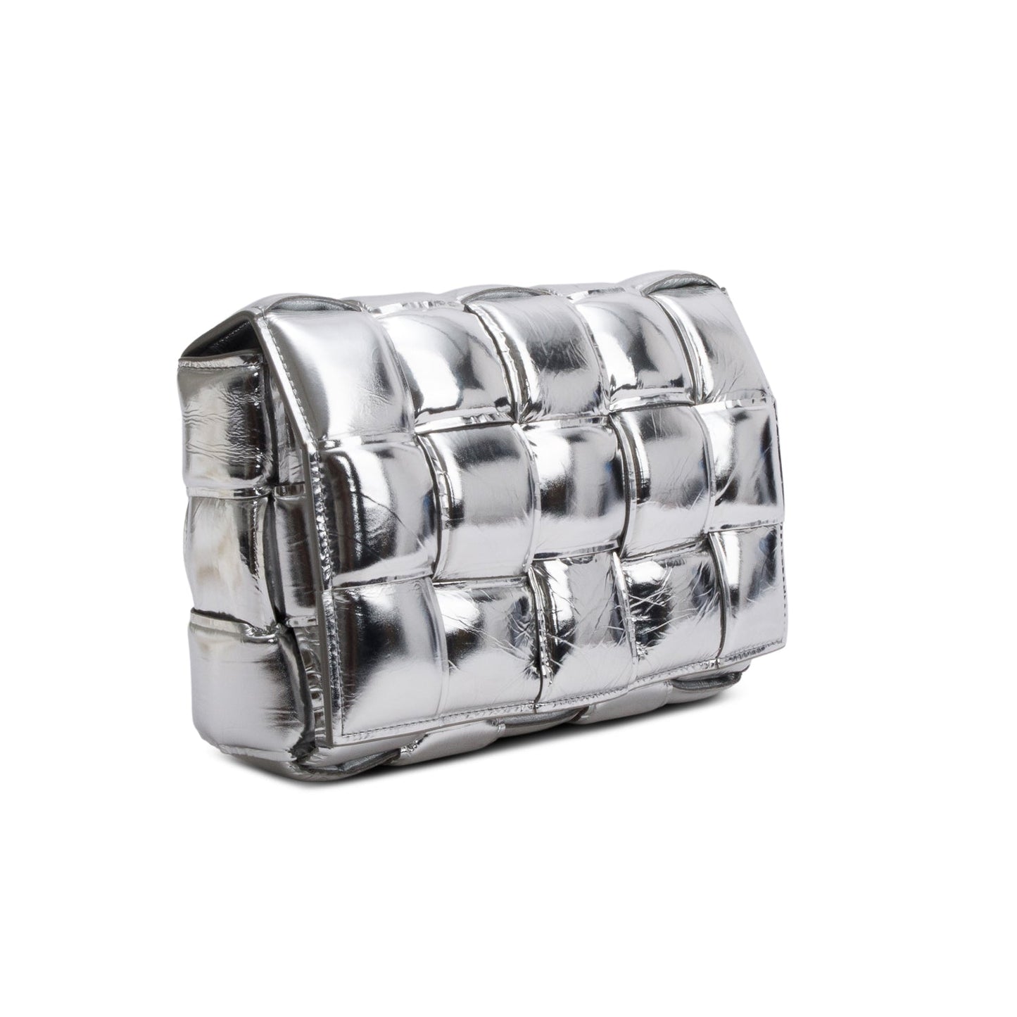 Bottega Veneta Silver Metallic Nappa Intrecciato Padded Chain Cassette Bag
