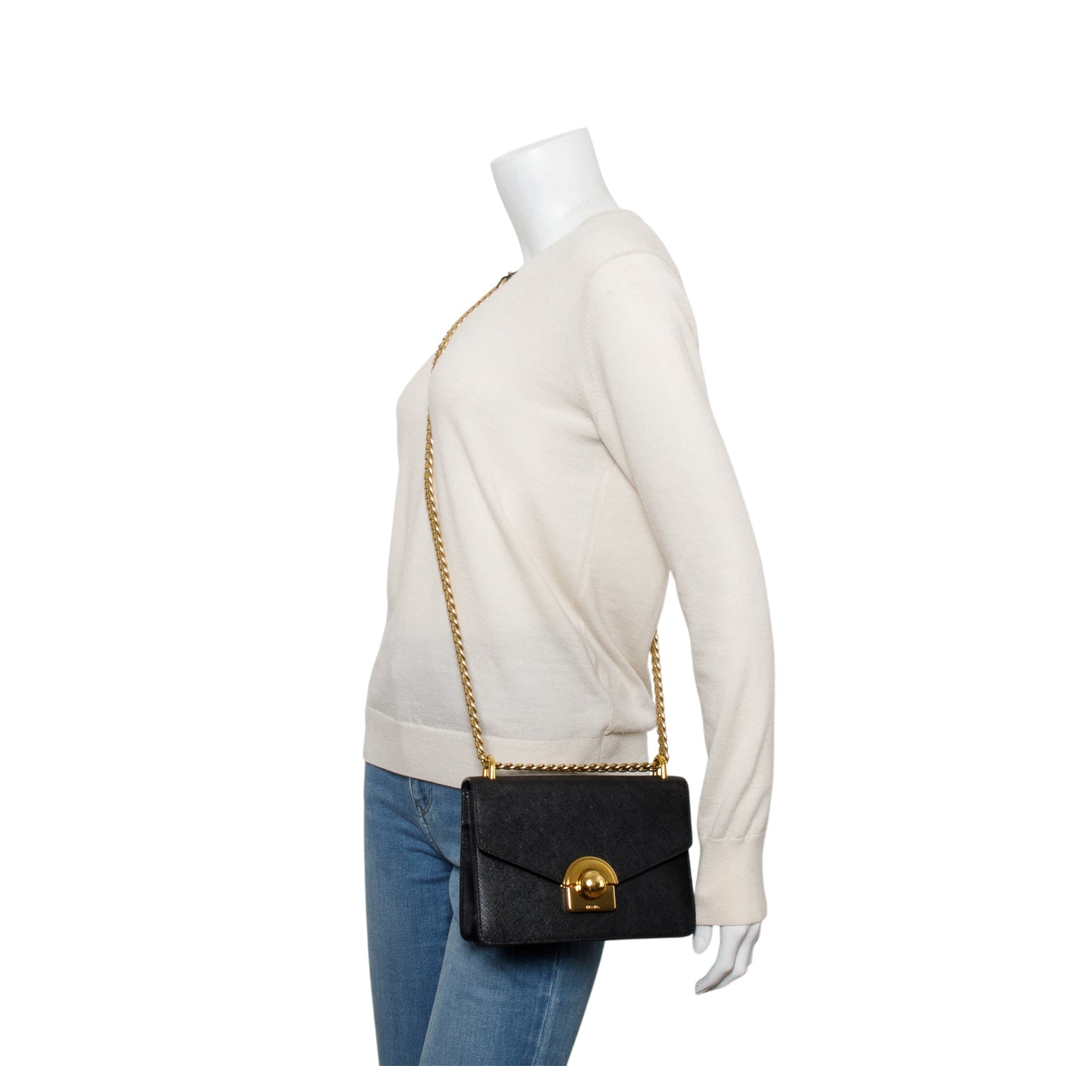 Prada Black Saffiano Soft Calf Leather Arcade Shoulder Bag