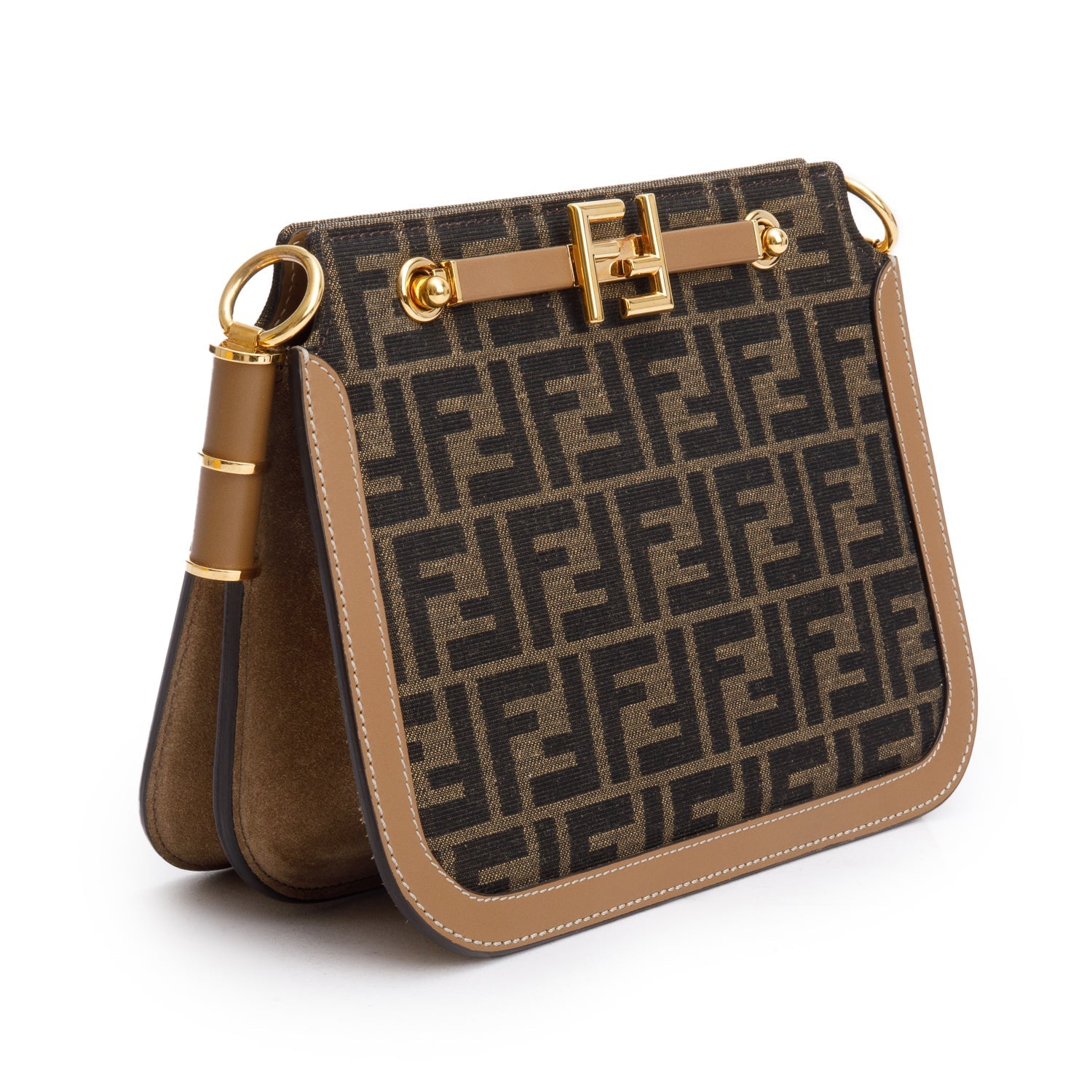 Fendi 2021 Brown FF Zucca Canvas Tan Leather Trim Medium Touch Shoulder Bag