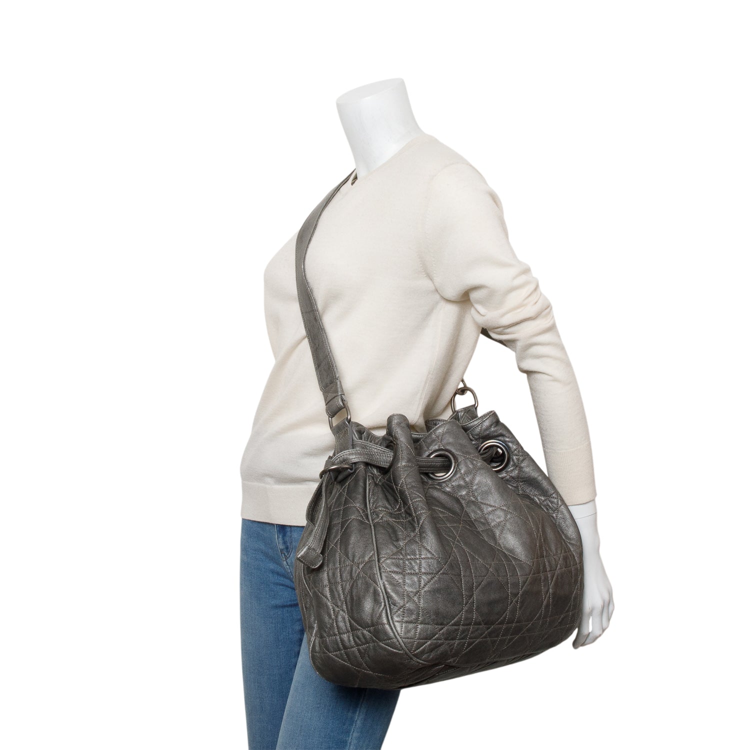 Christian Dior Silver Cannage Quilted Leather Drawstring Tote Bag
