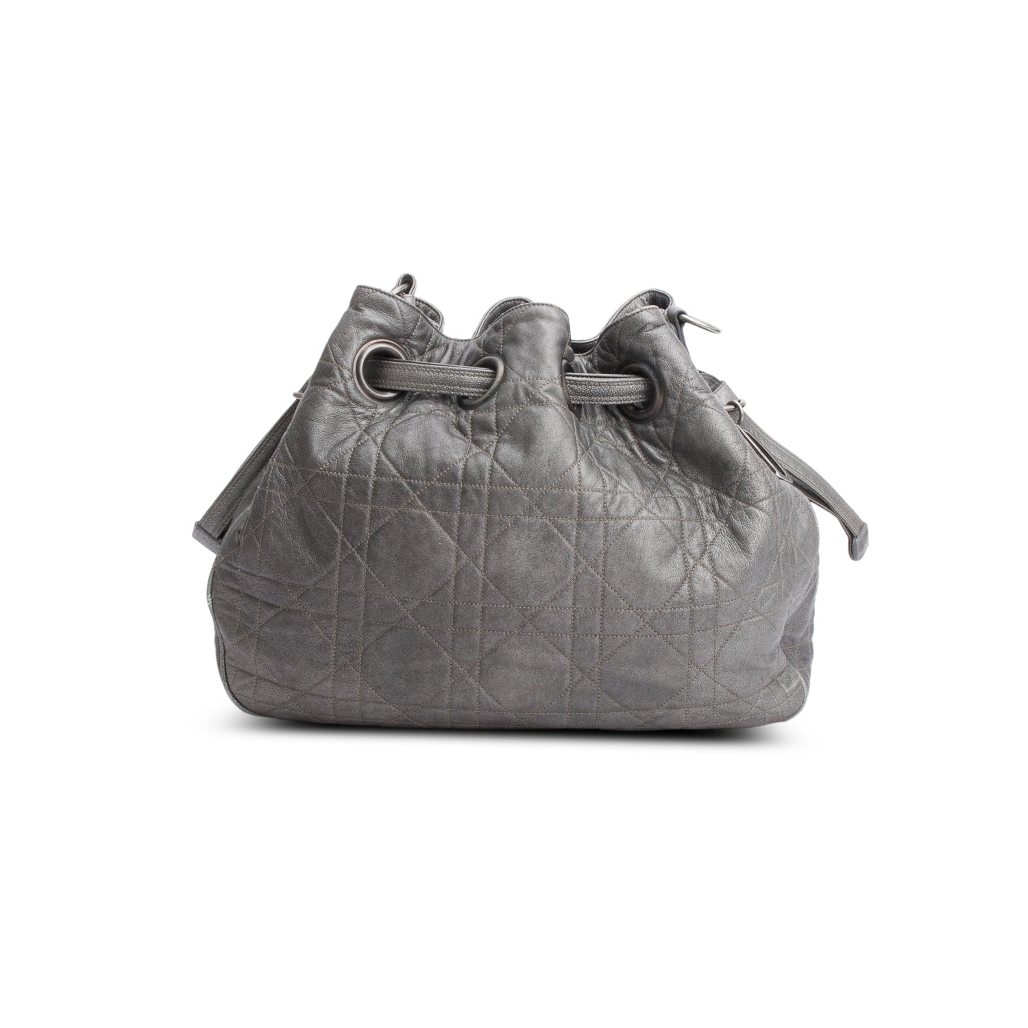 Christian Dior Silver Cannage Quilted Leather Drawstring Tote Bag