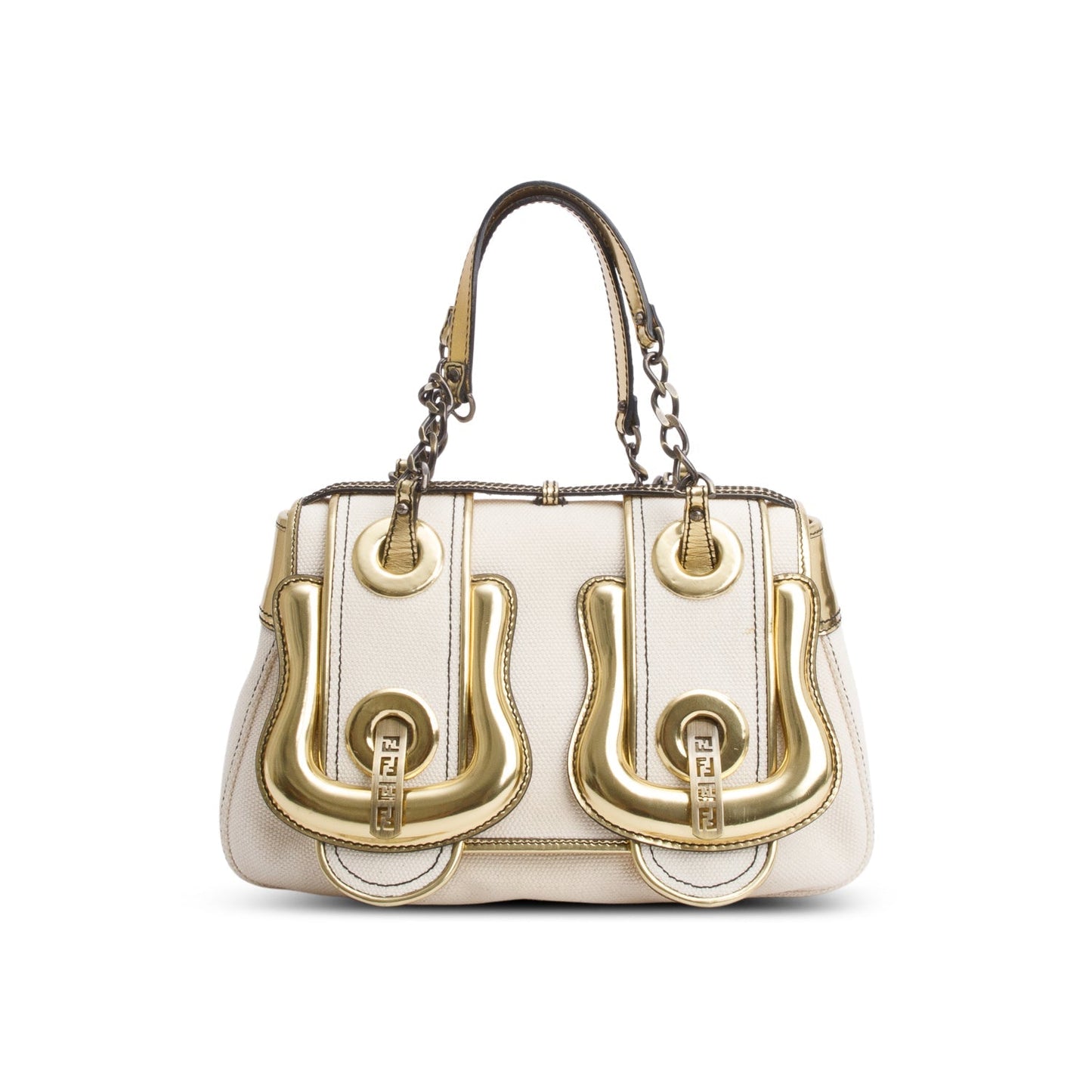 Fendi White Canvas Gold Patent Leather Trim B Bag