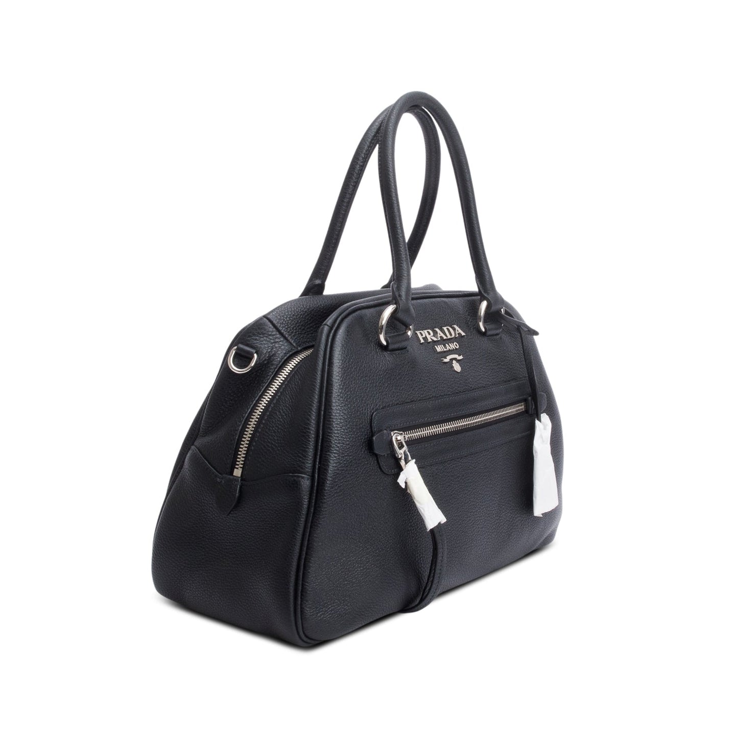 Prada Black Vitello Phenix Leather Convertible Bowling Bag/ Strap & Authenticity Card