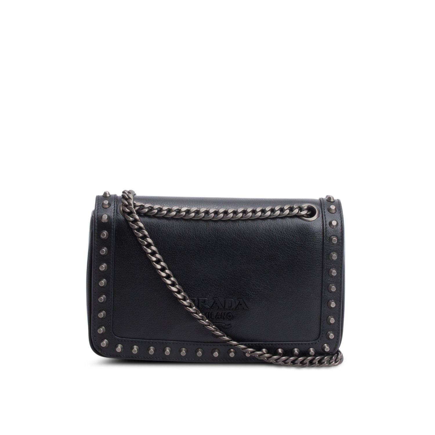 Prada Black Pattina Glace Calf Studded Crossbody Bag