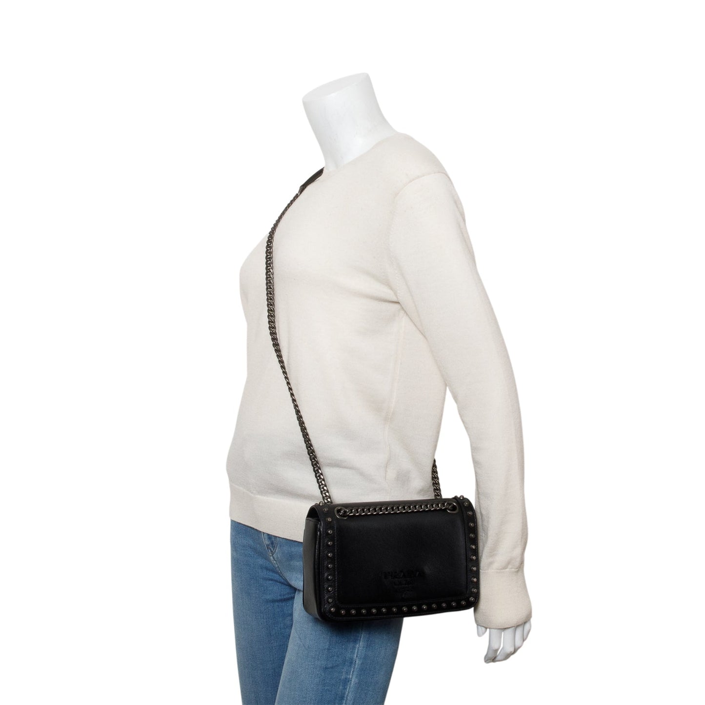 Prada Black Pattina Glace Calf Studded Crossbody Bag