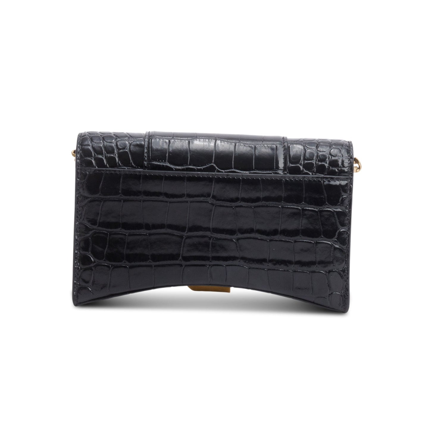 Balenciaga Black Shiny Calfskin Croc Embossed Hourglass Wallet on Chain