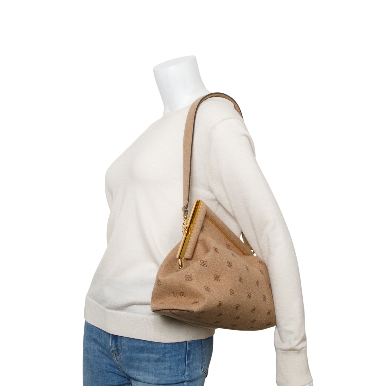 Fendi Beige Flannel Karligraphy Embroidered Medium First Bag