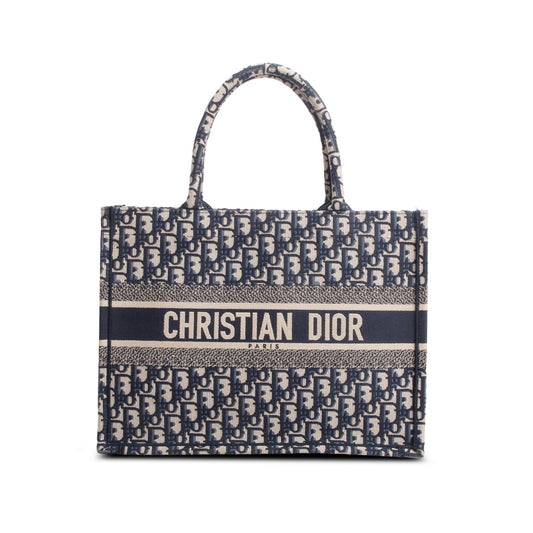Christian Dior 2023 Ecru and Blue Oblique Embroidery Medium Book Tote