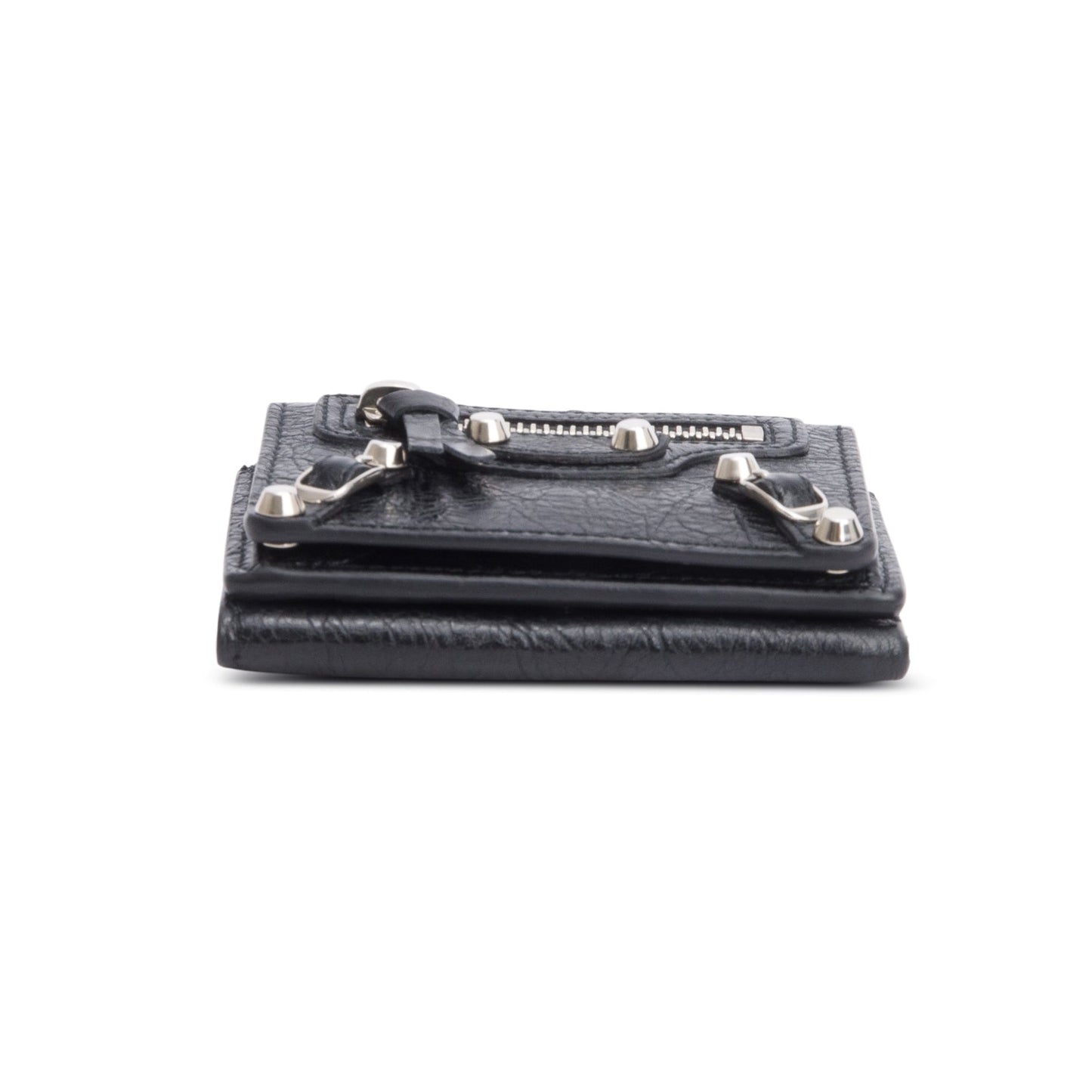 Balenciaga Black Crinkled Calfskin Leather City Mini Trifold Compact Wallet