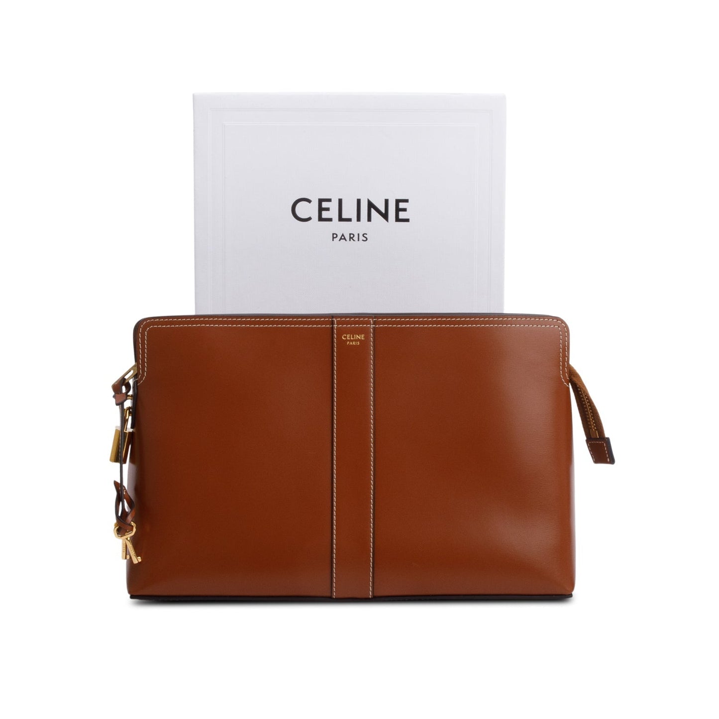 Celine 2024 Tan Shiny Calfskin Leather Lock Toiletry Pouch