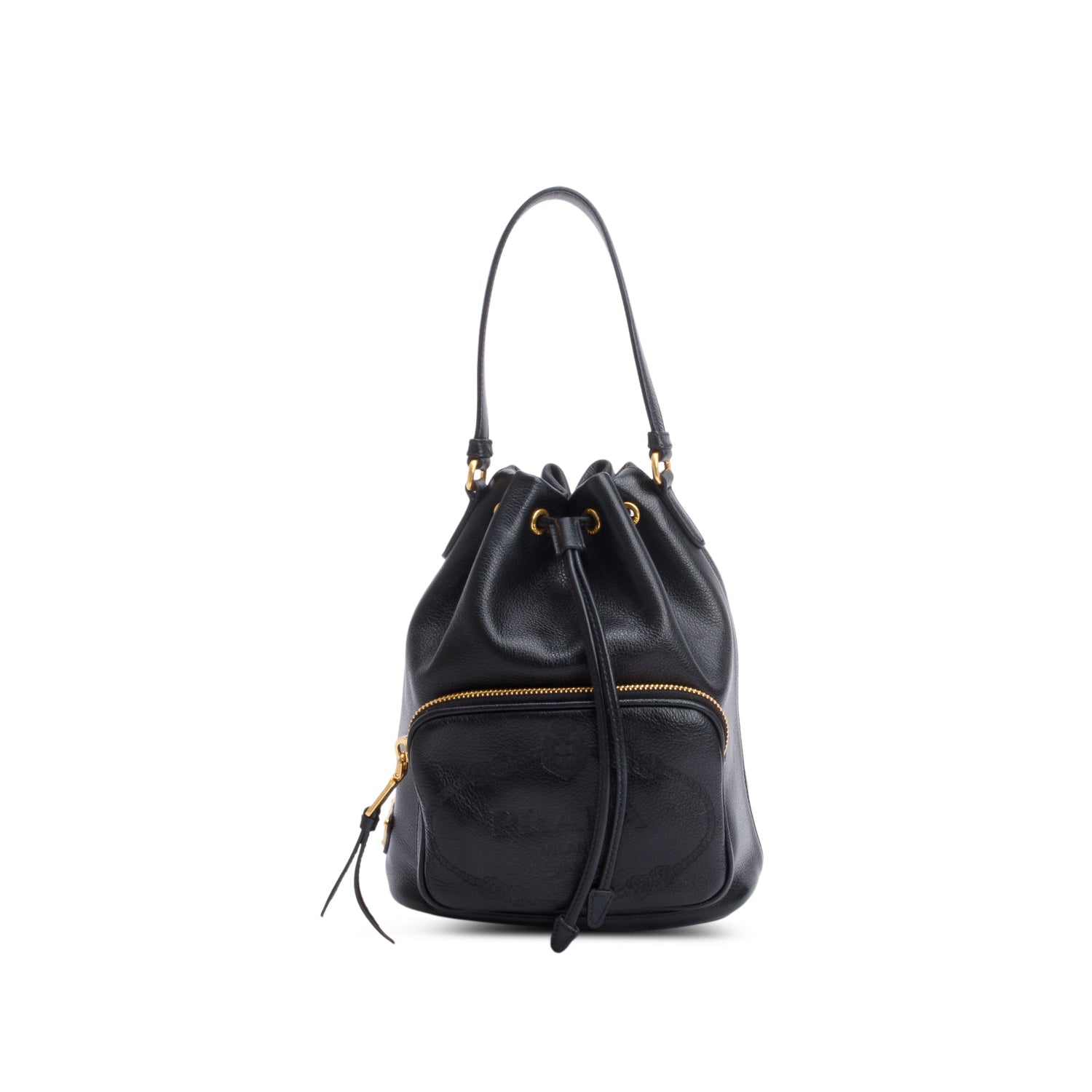 Prada Black Glace Calf Leather Logo Duet Bucket Bag