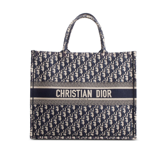 Christian Dior Ecru and Blue Dior Oblique Embroidery Large Book Tote