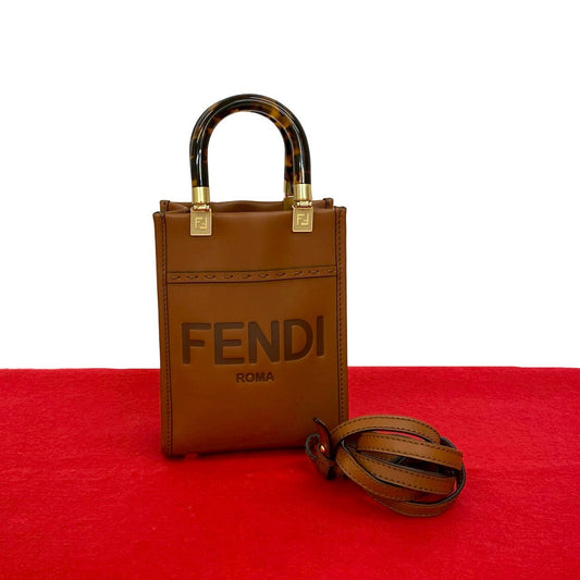 FENDI Shoulder Bag leather Brown sunshine shopper mini