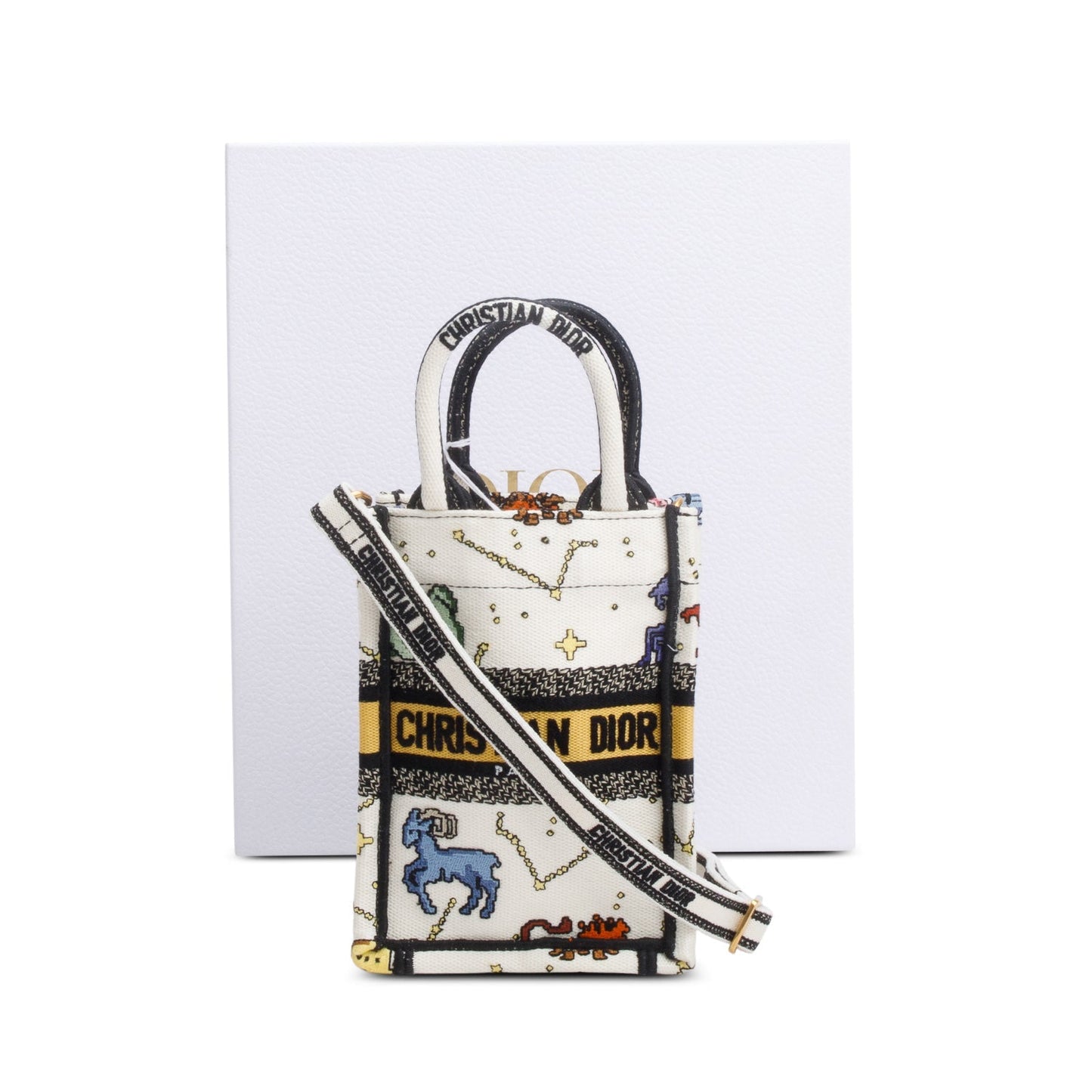 Christian Dior 2022 Cream Canvas Embroidered Pixel Zodiac Mini Book Tote Phone Bag