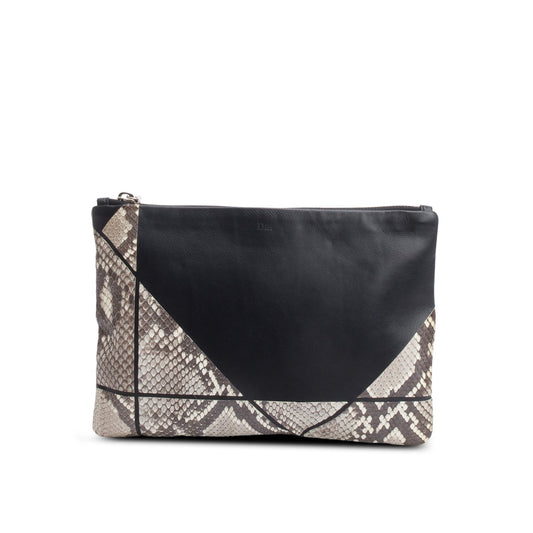 Christian Dior Grey Python Black Leather Trim Zip Pouch