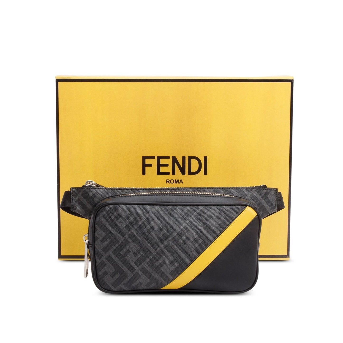 Fendi 2023 Grey Glazed Fabric Vitello Liberty FF Diagonal Belt Bag