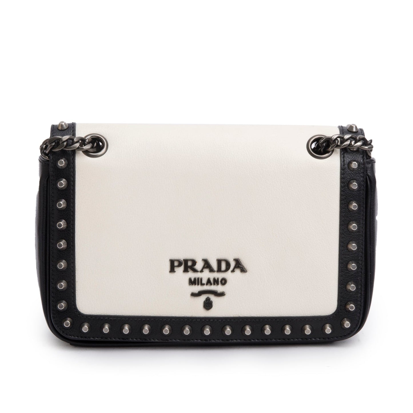 Prada Black/White Glace Calf Leather Studded Camera Crossbody Bag