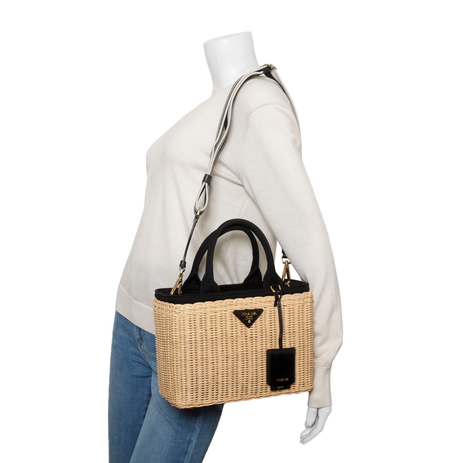 Prada 2023 Wicker/Canvas Medium Tote Naturale