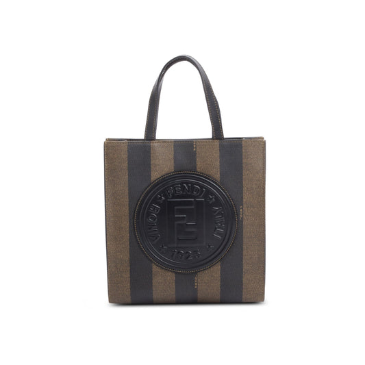 Fendi Leather Trimmed Brown Pequin Logo Tote