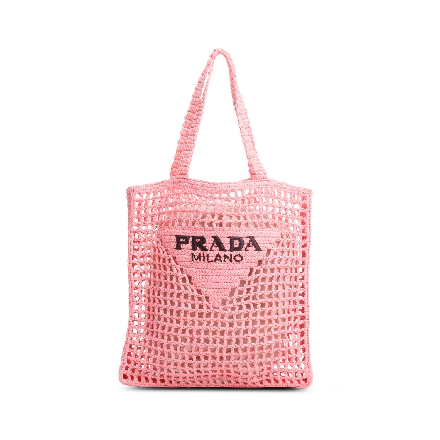 Prada Pink Raffia Crochet Logo Embroidered Tote Bag