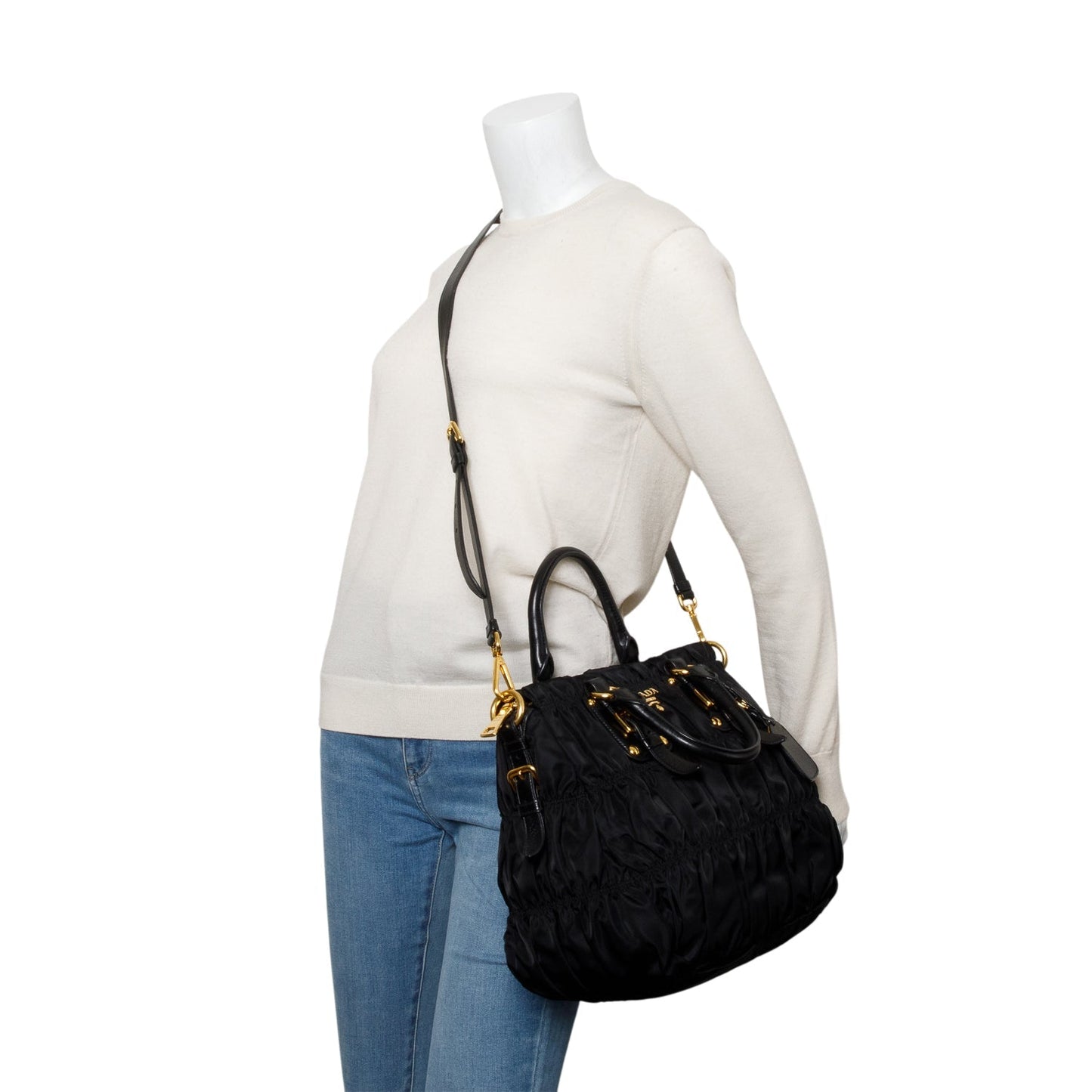 Prada Black Leather-Trimmed Tessuto Gaufre Tote