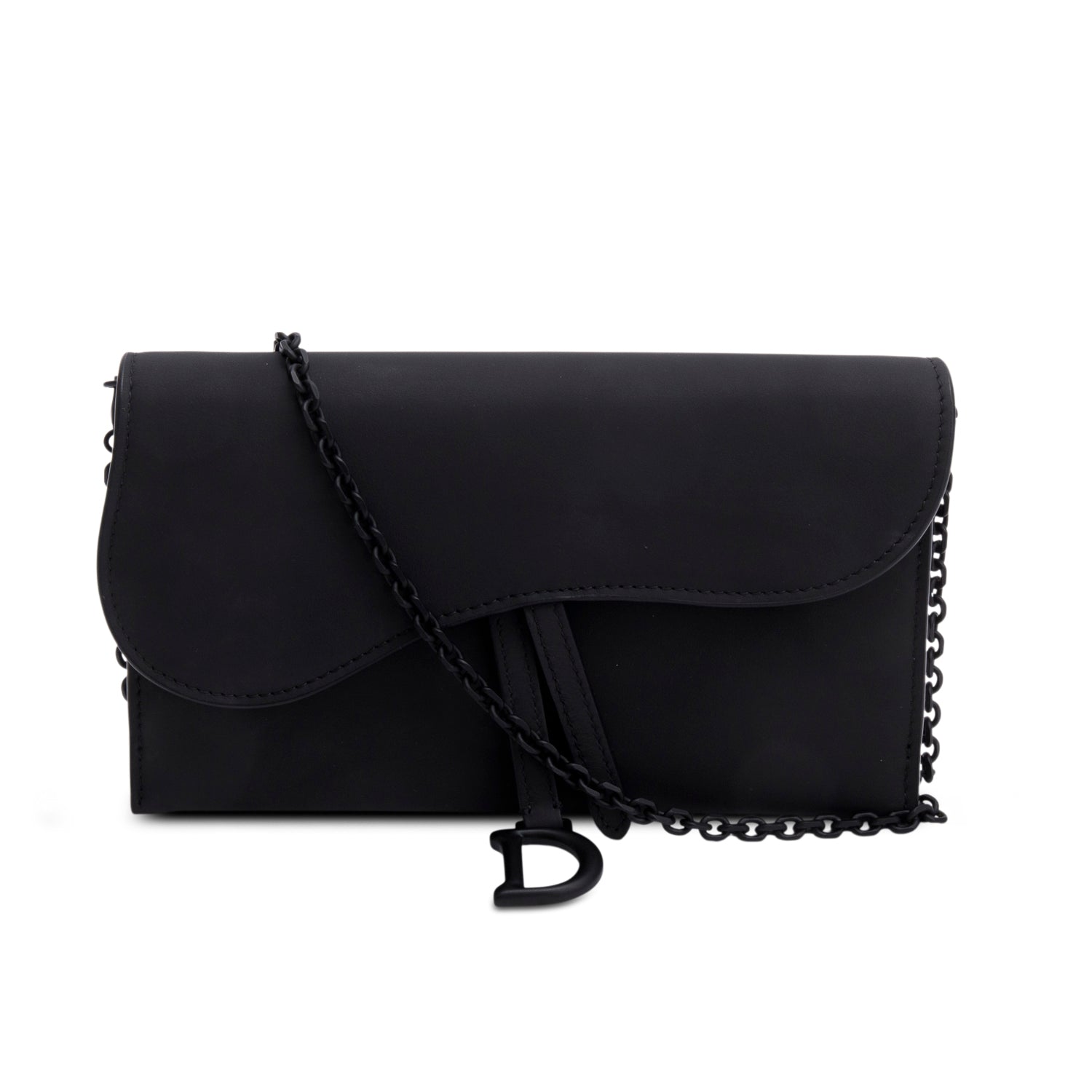 Christian Dior 2022 Black Ultra Matte Calfskin Saddle Chain Wallet Pouch