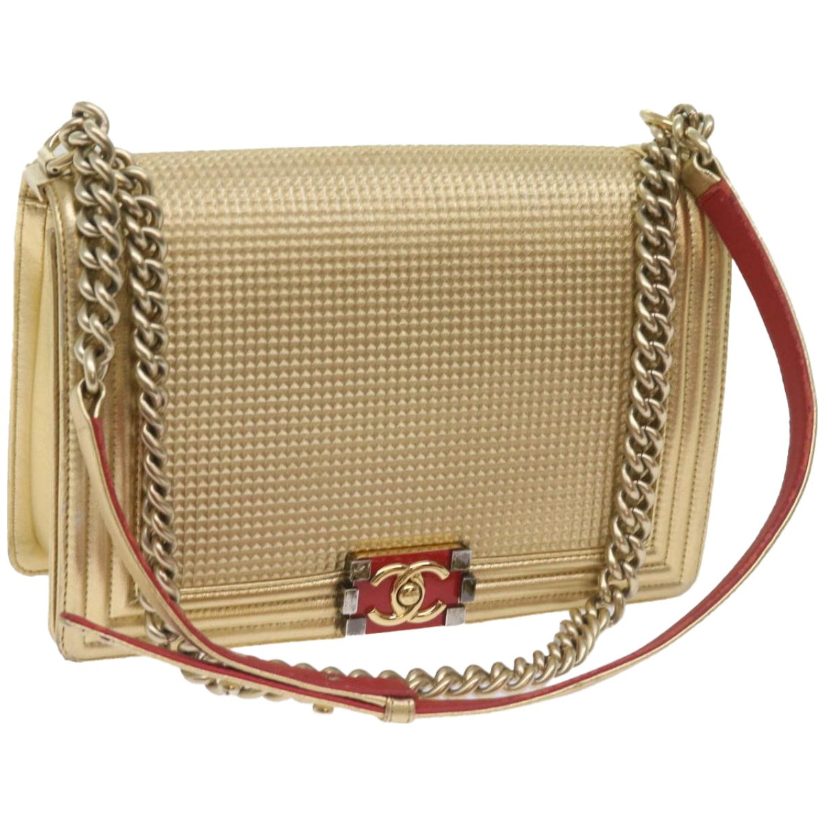 CHANEL Boy Chain Shoulder Bag Leather Gold CC Auth 67371A