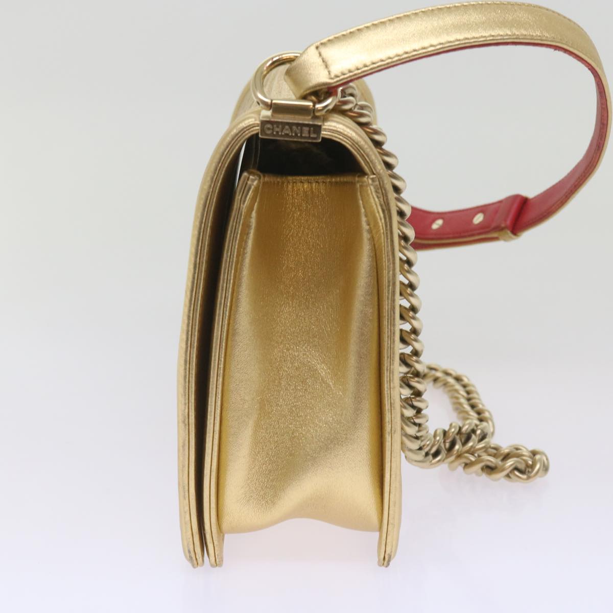 CHANEL Boy Chain Shoulder Bag Leather Gold CC Auth 67371A