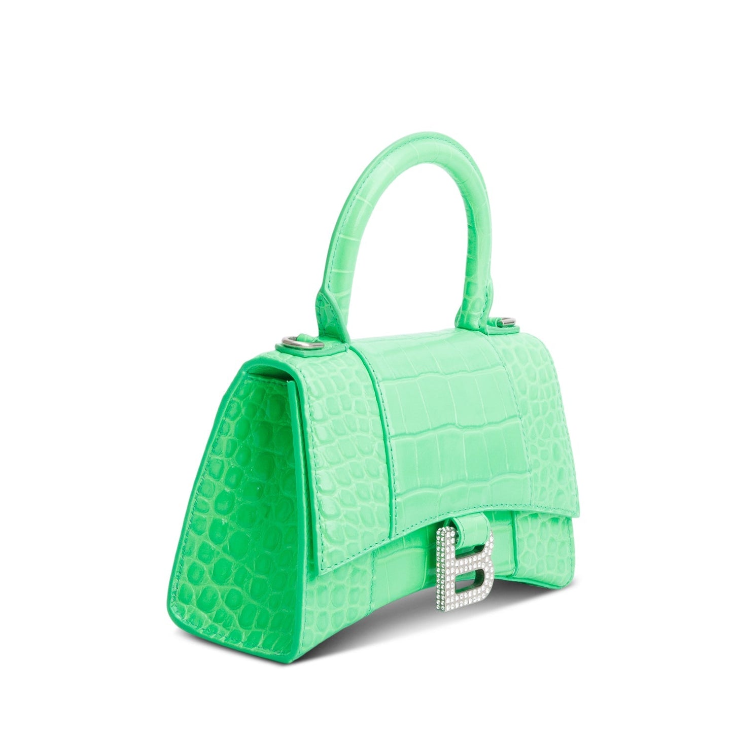 Balenciaga Green Croc-Embossed Leather XS Hourglass Crystal Top Handle Bag