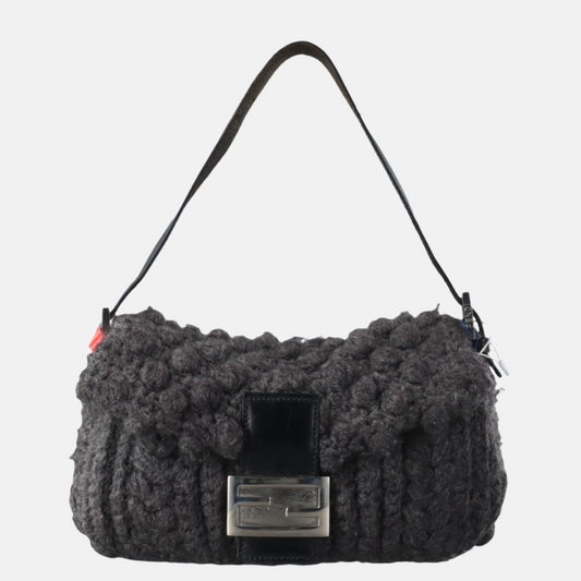 Fendi Baguette Bag Grey Crochet Knit Wool Pompom Shoulder Bag