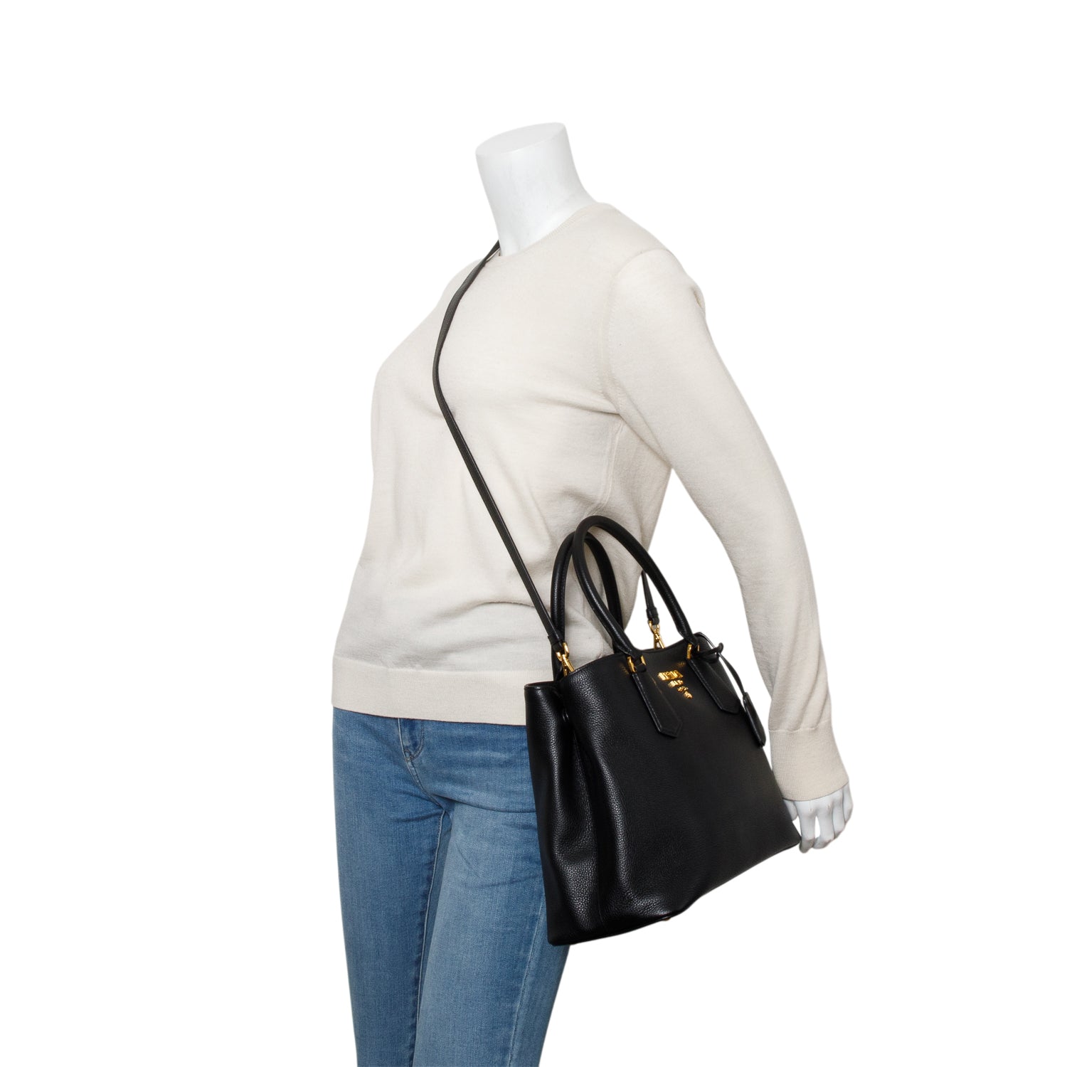 Prada Black Vitello Phenix Cuir Medium Double Bag