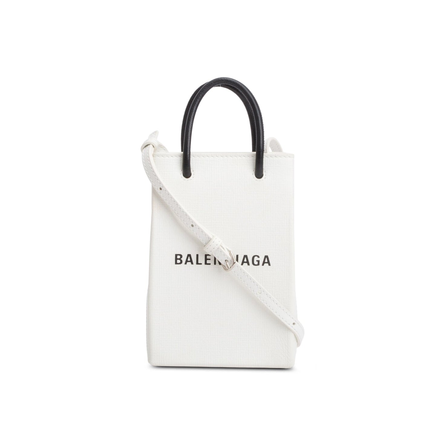 Balenciaga White Squared Calfskin Logo Shopping Phone Holder Bag