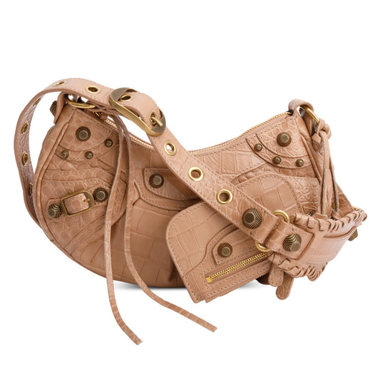 Balenciaga Beige Extra Supple Calfskin Crocodile Embossed Le Cagole XS Shoulder Bag