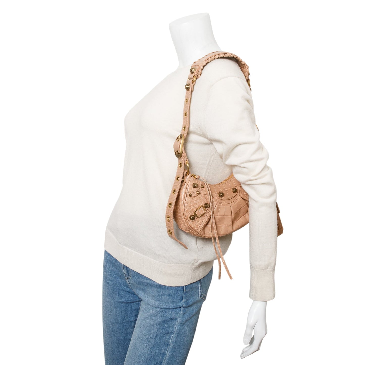 Balenciaga Beige Extra Supple Calfskin Crocodile Embossed Le Cagole XS Shoulder Bag