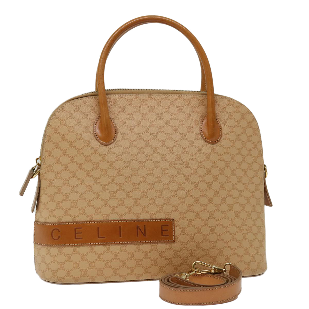 Luxury CELINE Macadam Canvas Hand Bag PVC Leather 2way Beige 69018
