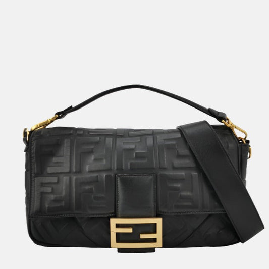 Fendi Baguette Black Leather 3D FF Motif Crossbody Bag Large