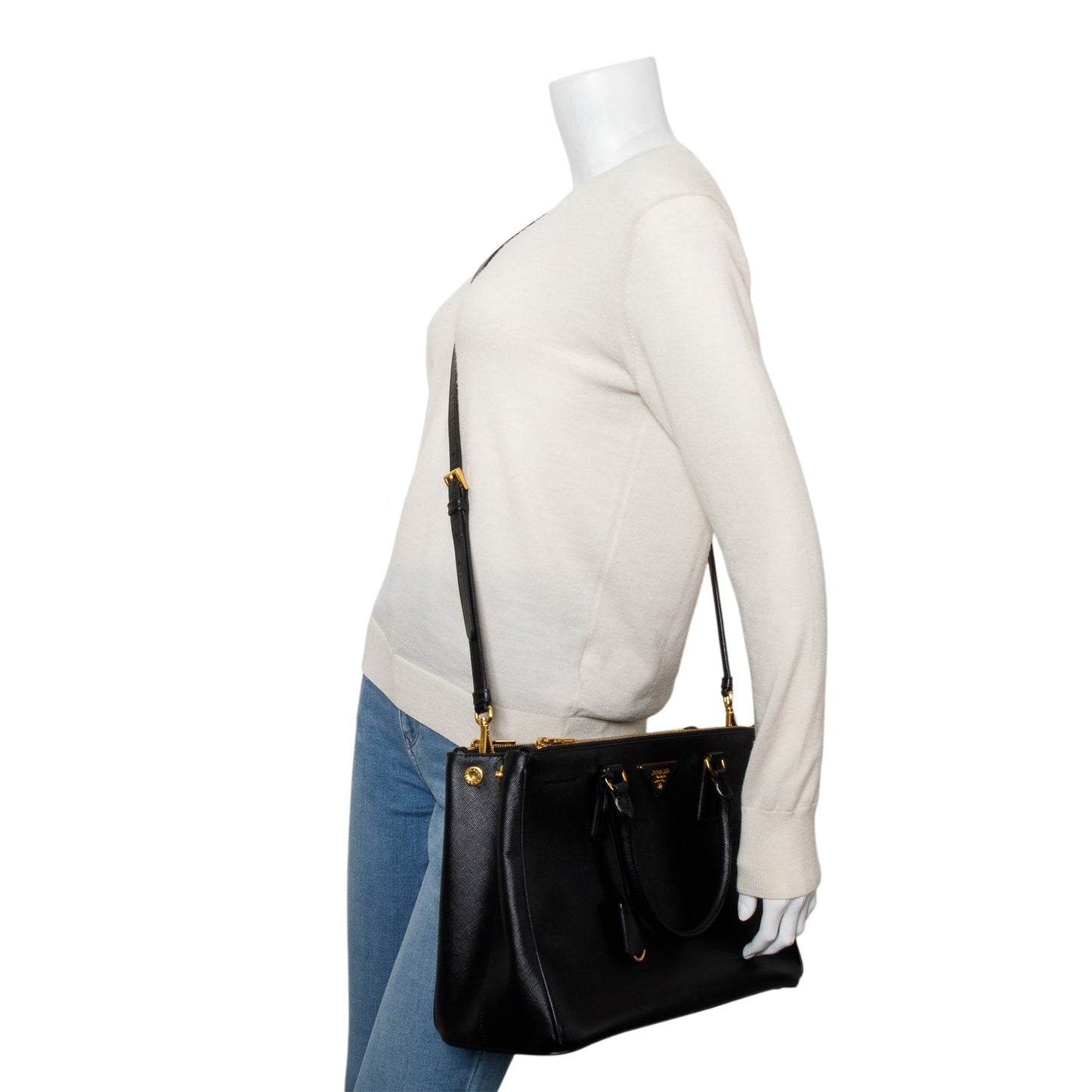 Prada Black Saffiano Lux Medium Double Zip Galleria Tote