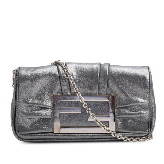 Fendi Metallic Silver Calfskin Mia Pochette Chain Bag