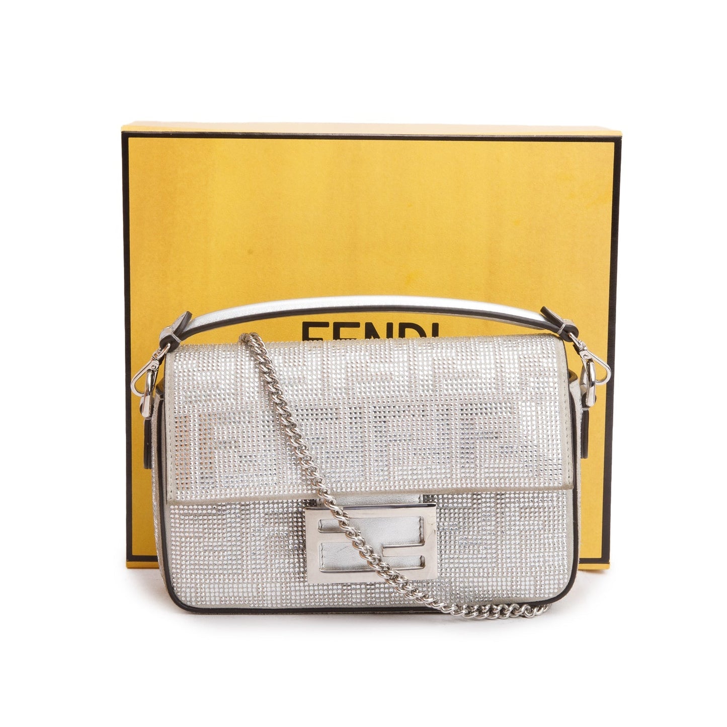 Fendi 2024 Silver FF Suede Crystal Mini Be Baguette Chain Crossbody