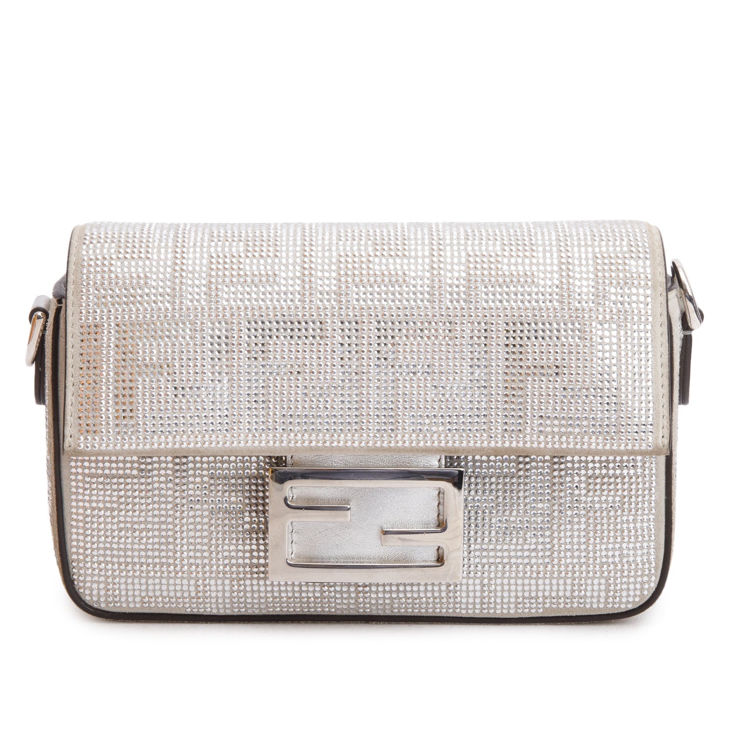 Fendi 2024 Silver FF Suede Crystal Mini Be Baguette Chain Crossbody