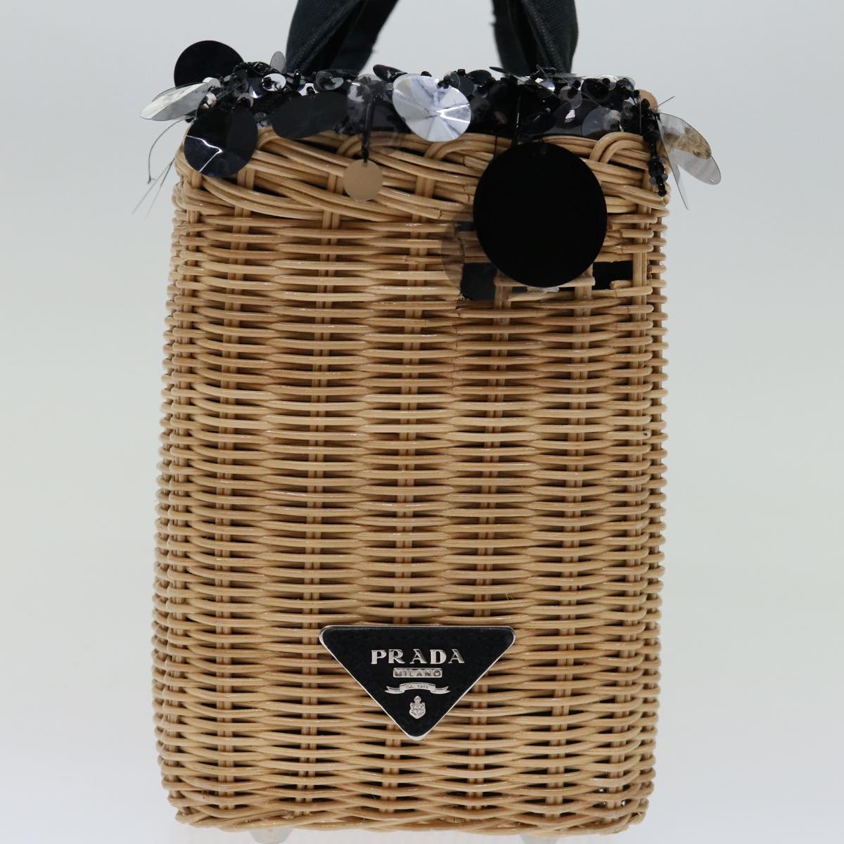 PRADA Hand Bag Wicker Beige Auth 69445