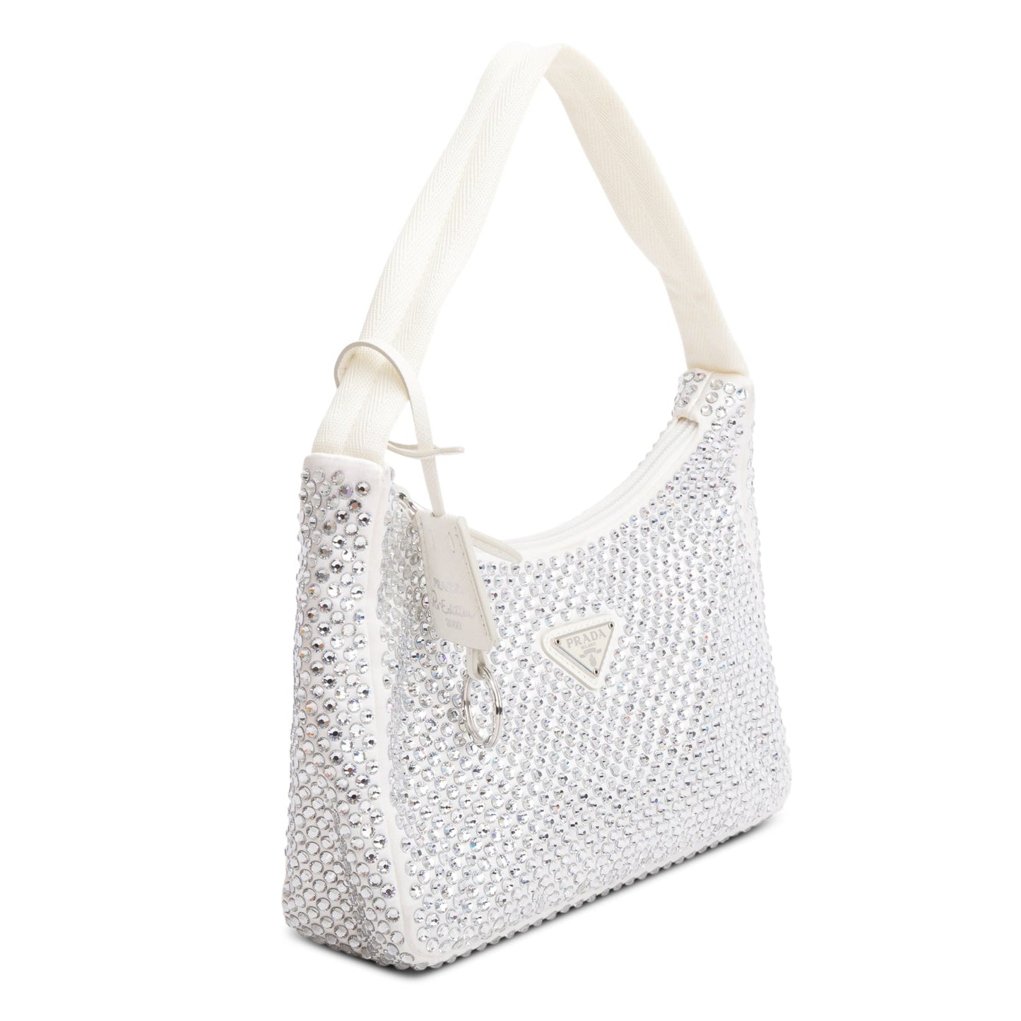 Prada White Satin Crystal Mini Re-Edition 2000 Bag