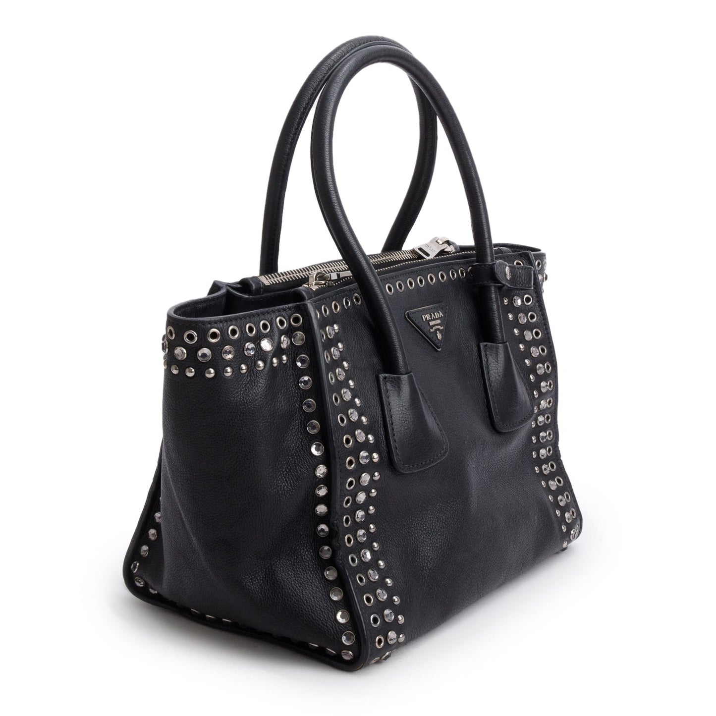 Prada Black Glace Calf Studded Twin Pocket Tote