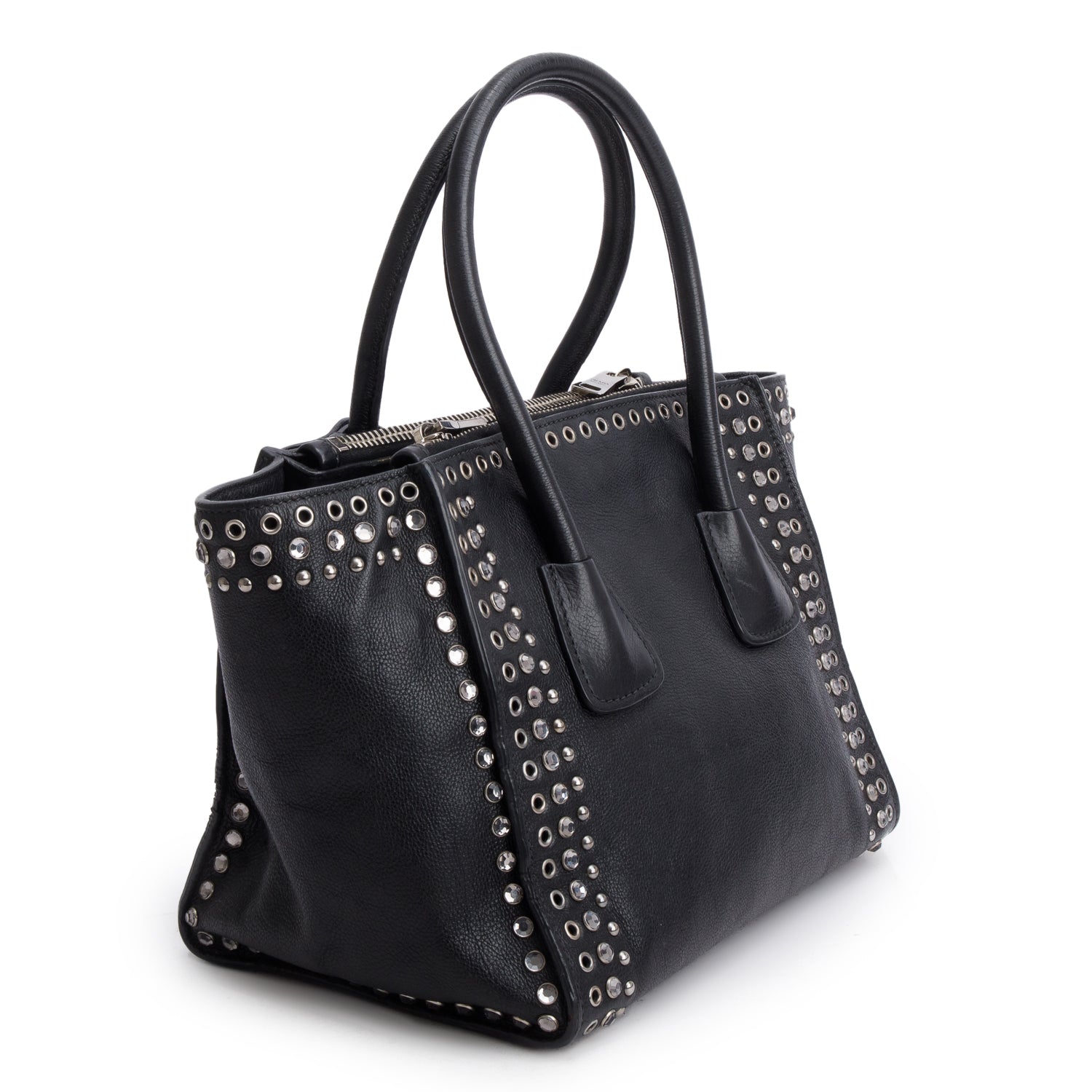 Prada Black Glace Calf Studded Twin Pocket Tote