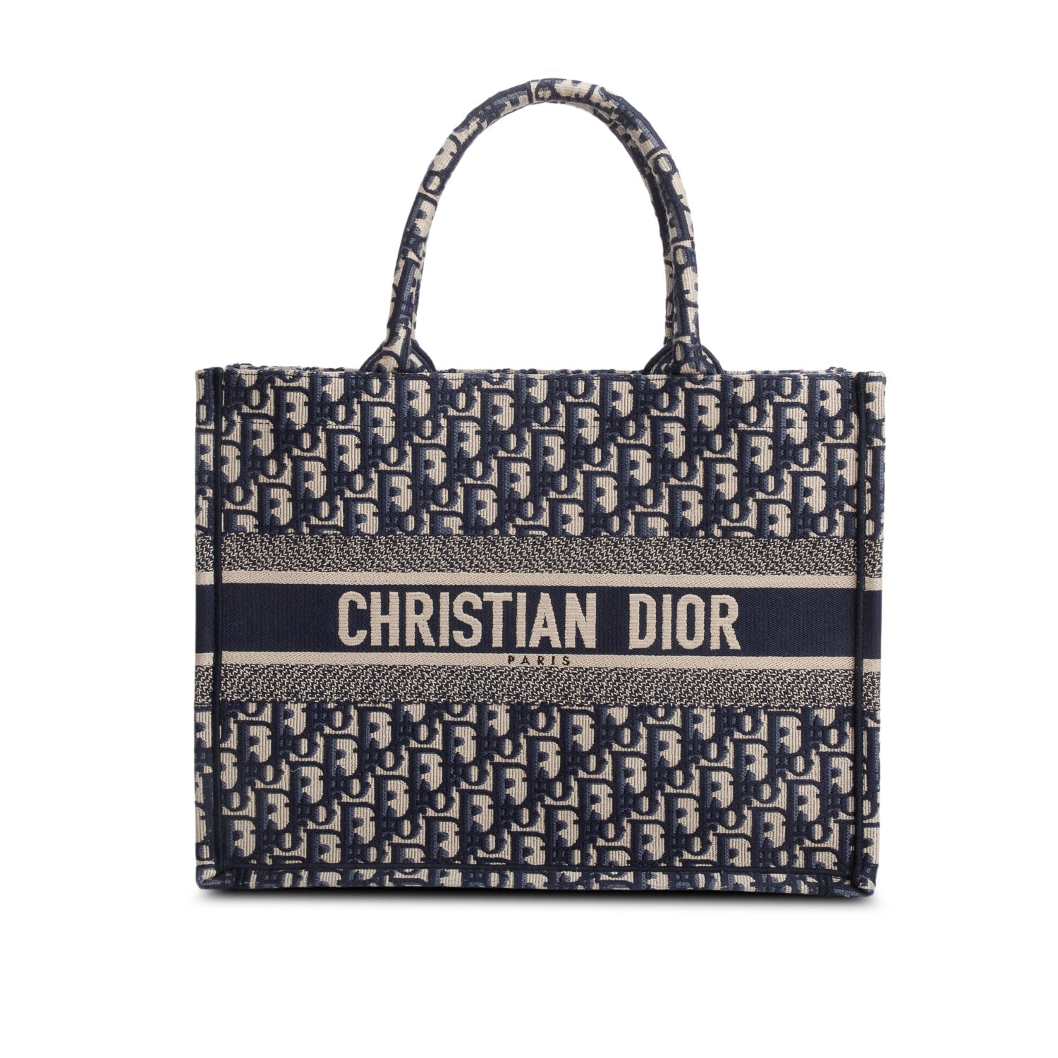 Christian Dior 2021 Ecru and Blue Oblique Embroidery Medium Book Tote
