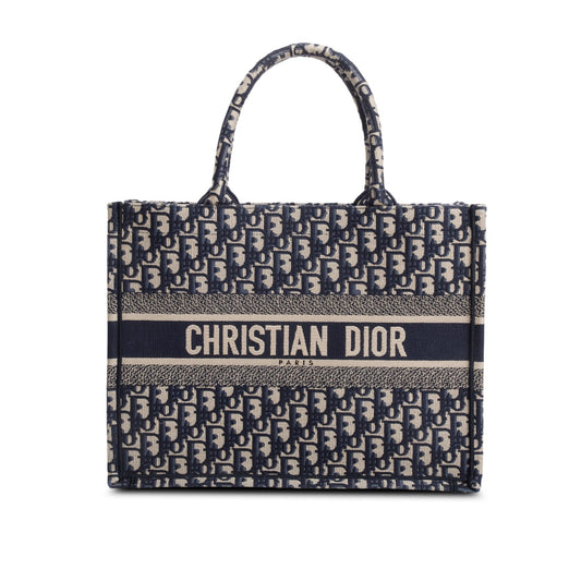 Christian Dior 2021 Ecru and Blue Oblique Embroidery Medium Book Tote