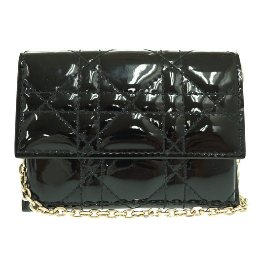 Dior Shoulder Bag Patent leather black Chain Card Case Coin Case Wallet Women
