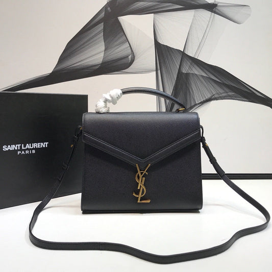 Yves Saint Laurent Cassandra Medium Top Handle Bag In Grain Black.6in/.5cm